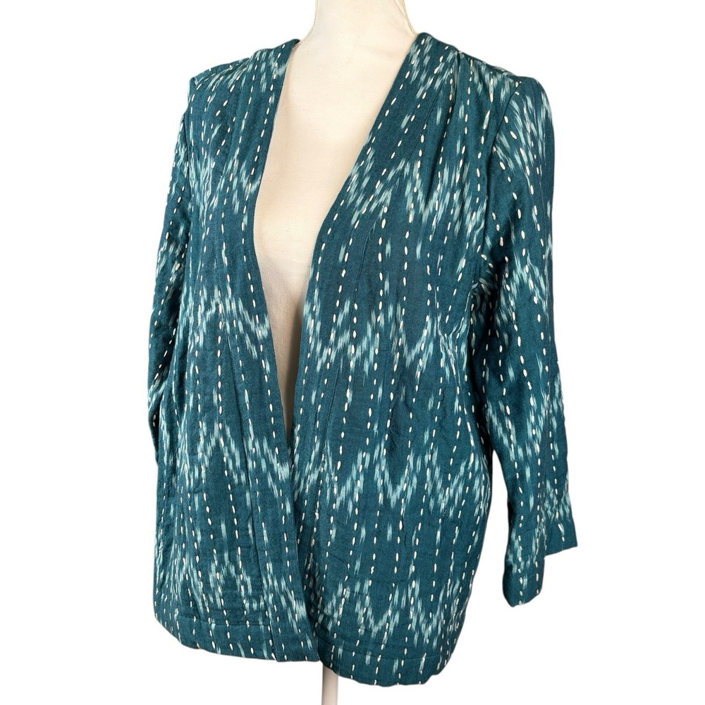 Pure Jill Kantha Stitched Ikat Jacket Kimono Sari Open Front Teal Blue Sz M Tall